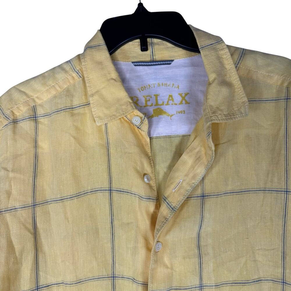 Tommy Bahama Relax Men Large Yellow checked 100% linen Button down Casual Shirts - Picture 7 of 14